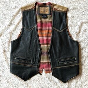 90s Vintage Arizona Jean Co Vest Black Zip Nappa Leather Aztec Serape Y2K Mens S